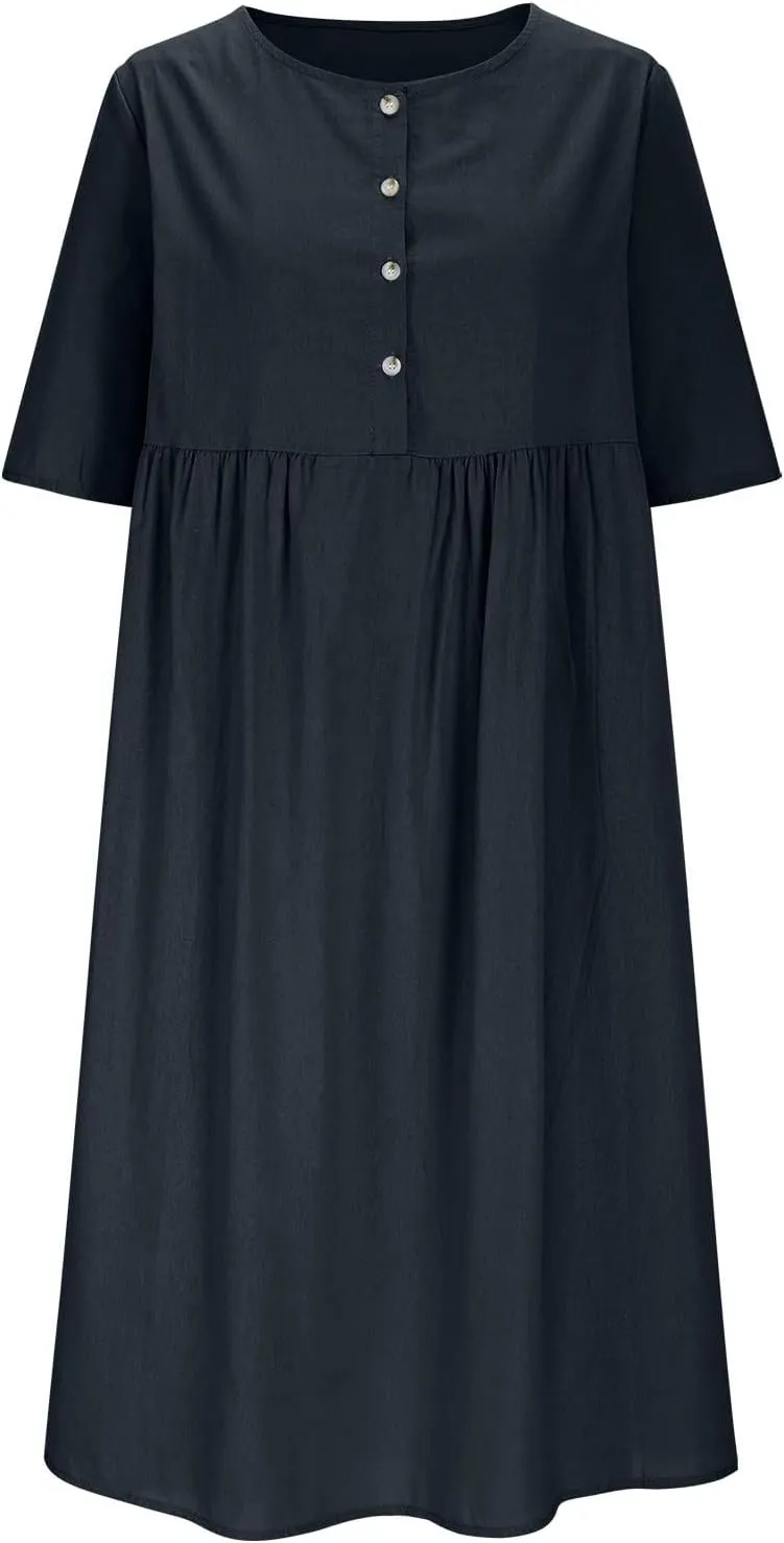 Womens Cotton Linen Midi Dress Short Sleeve Button Crewneck Dresses Summer Loose Pleated Dress Solid Travel Clothing
