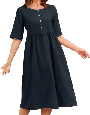 Womens Cotton Linen Midi Dress Short Sleeve Button Crewneck Dresses Summer Loose Pleated Dress Solid Travel Clothing
