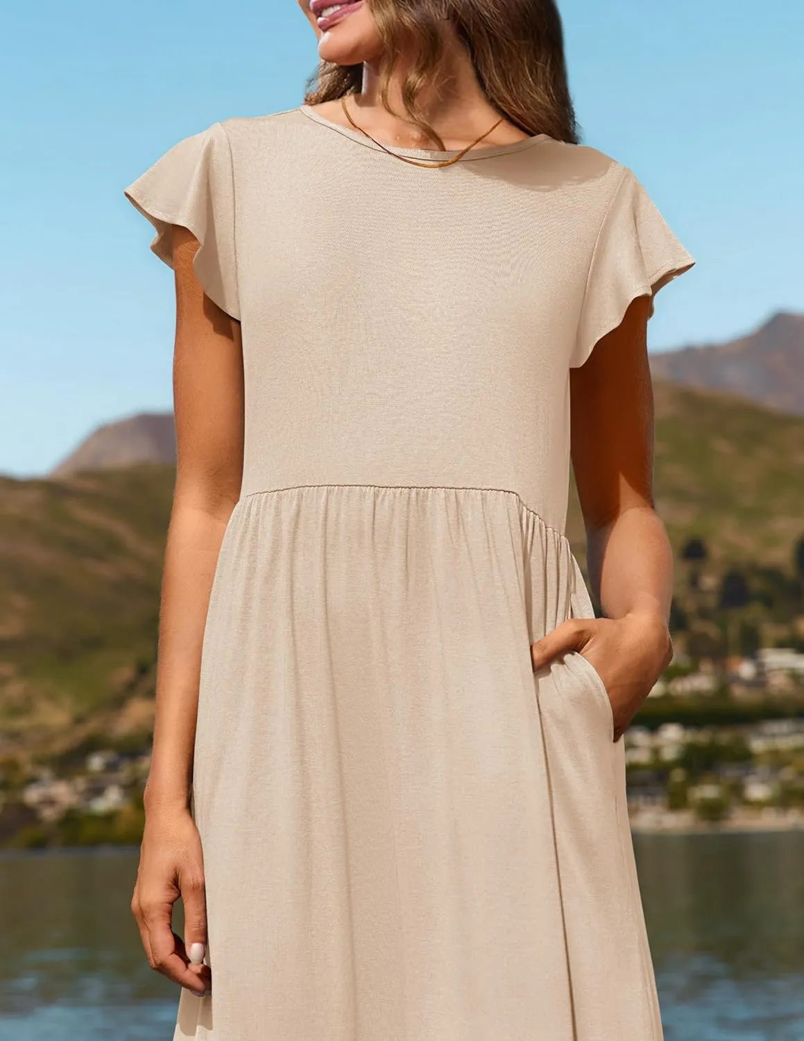 Womens Crew Neck Flutter Sleeve Boho Midi Dress Smocked A-Line Flowy Tiered Modest Midi Sundress