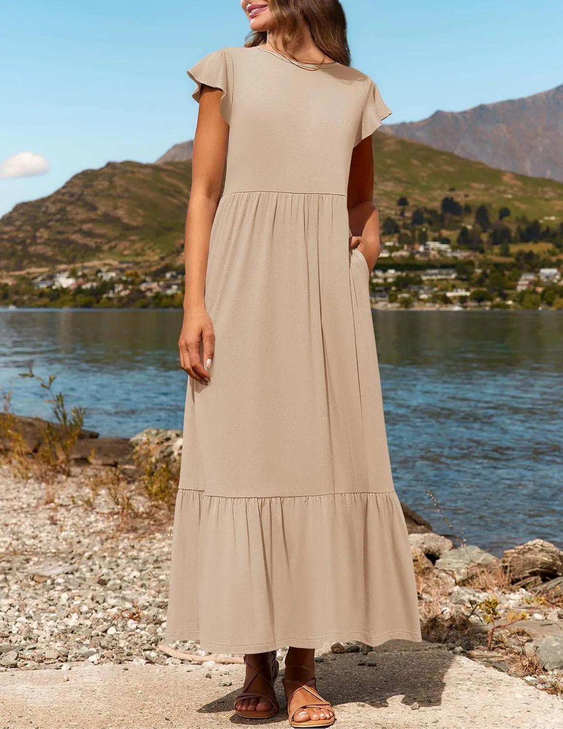 Womens Crew Neck Flutter Sleeve Boho Midi Dress Smocked A-Line Flowy Tiered Modest Midi Sundress