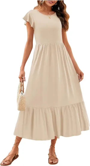 Womens Crew Neck Flutter Sleeve Boho Midi Dress Smocked A-Line Flowy Tiered Modest Midi Sundress