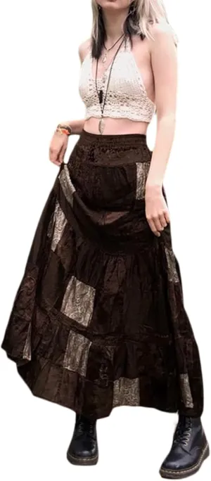 Women's Fairy Grunge Midi Skirt High Waist Vintage A-Line Long Skirt Lace Up Solid Color Y2K Streetwear Clothes (Brown-A, S)
