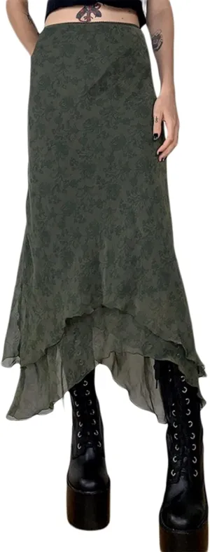 Women's Fairy Grunge Midi Skirt High Waist Vintage A-Line Long Skirt Lace Up Solid Color Y2K Streetwear Clothes (Dark Green M)