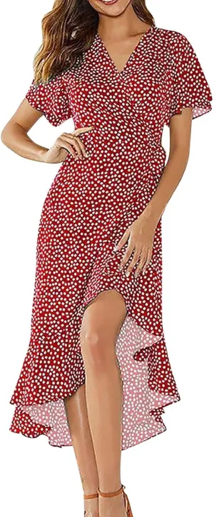 Women's Floral Print Boho Dress Short Sleeve Wrap V Neck Ruffle Belted A-Line Flowy Maxi Dresses Wedding Guest Dresses