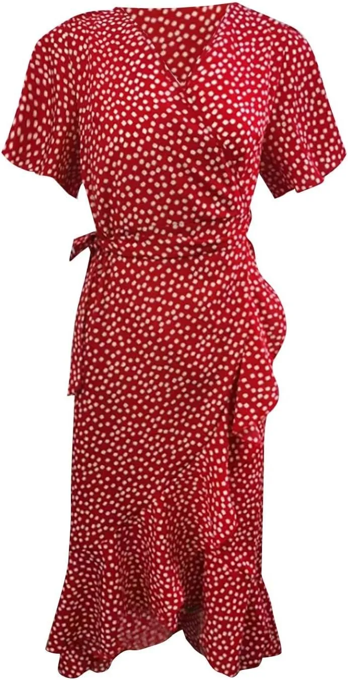 Women's Floral Print Boho Dress Short Sleeve Wrap V Neck Ruffle Belted A-Line Flowy Maxi Dresses Wedding Guest Dresses