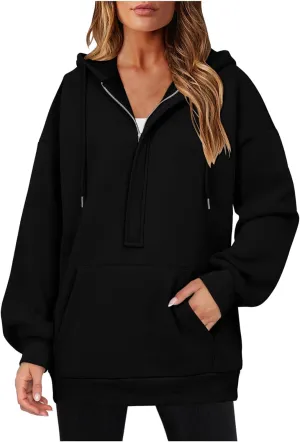 Womens Oversize Hoodies Basic Solid Sweatshirts Long Sleeve Half Zip Collar Drawstring Pullover with Kangaroo Pockets