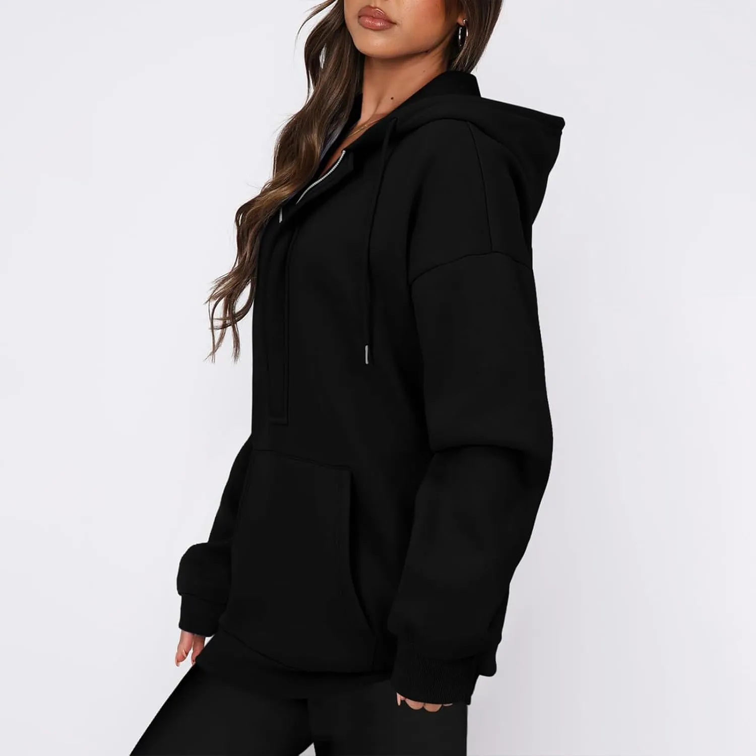 Womens Oversize Hoodies Basic Solid Sweatshirts Long Sleeve Half Zip Collar Drawstring Pullover with Kangaroo Pockets