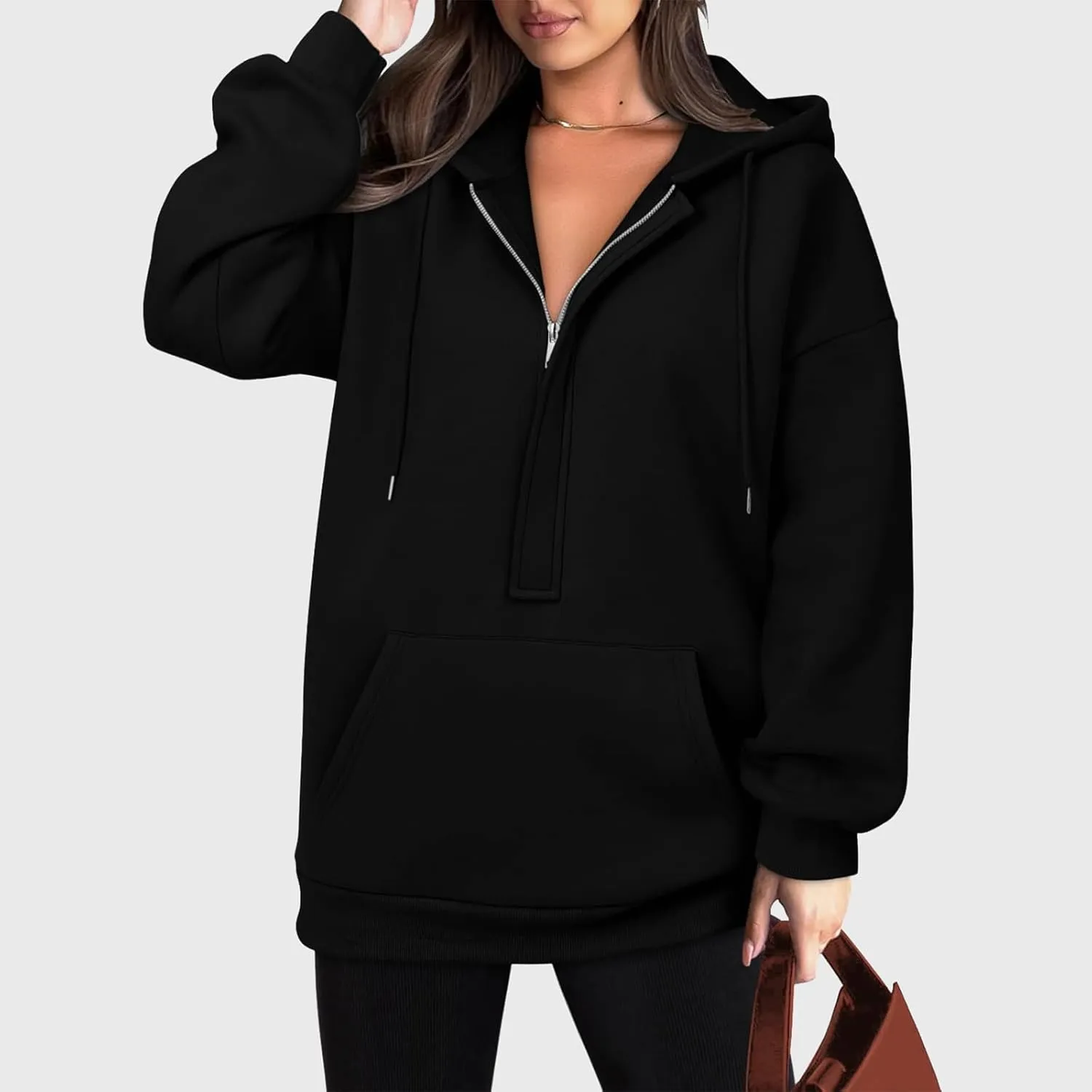 Womens Oversize Hoodies Basic Solid Sweatshirts Long Sleeve Half Zip Collar Drawstring Pullover with Kangaroo Pockets