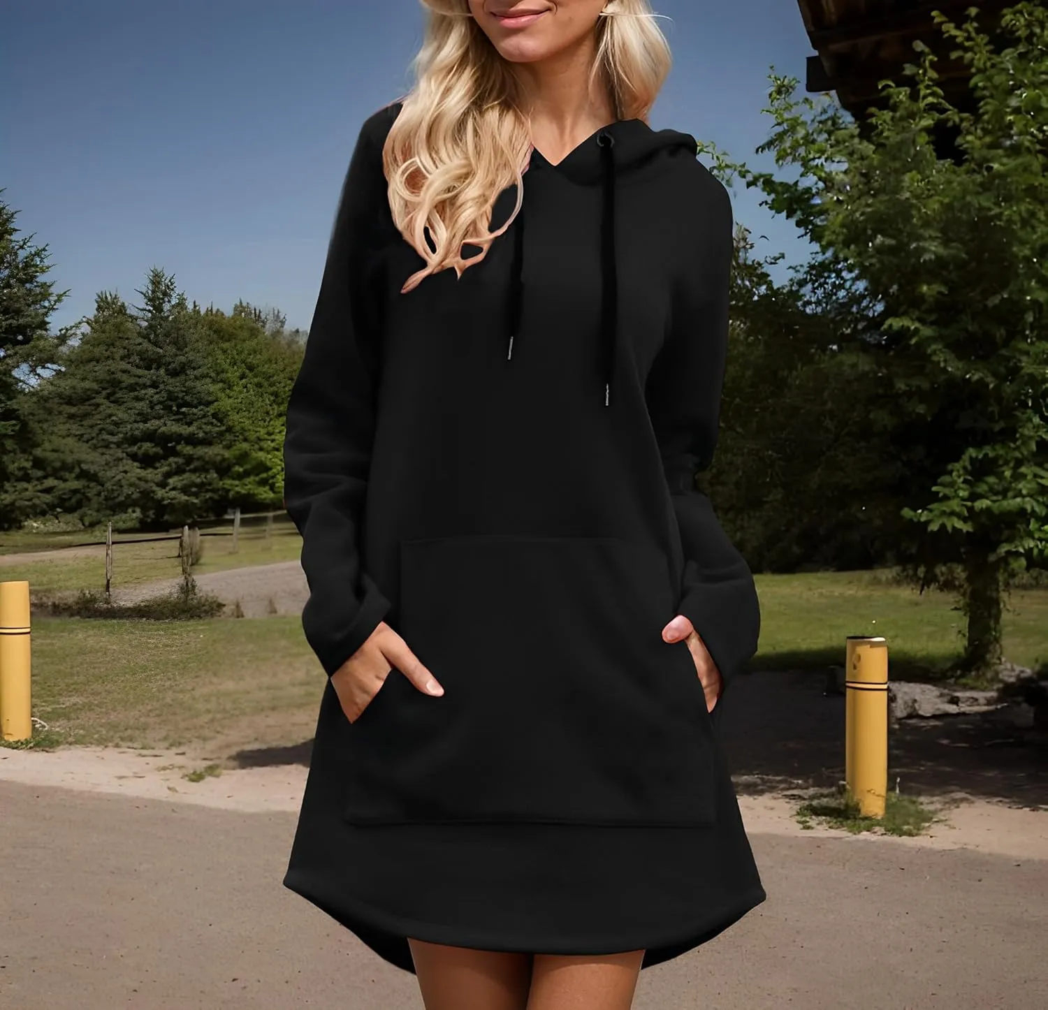 Women's Oversized Long Sleeve Fleece Pullover Tunic Hoodies Loose Curved Hem Hooded Midi Sweatshirt Dress with Pocket