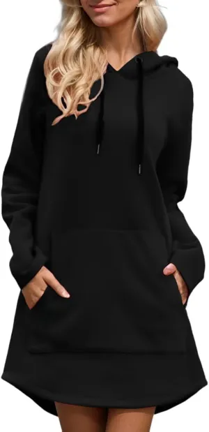 Women's Oversized Long Sleeve Fleece Pullover Tunic Hoodies Loose Curved Hem Hooded Midi Sweatshirt Dress with Pocket