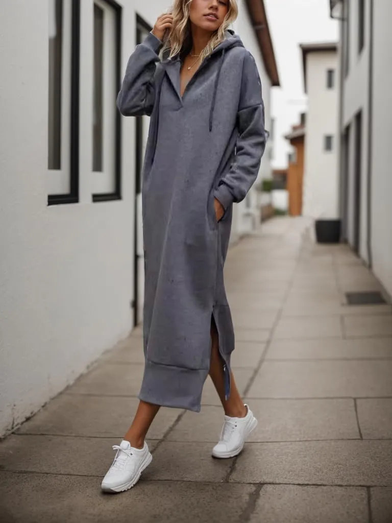 Women's Oversized Long Sleeve Loose Hooded Sweatshirt Dress Pullover Split Hem Maxi Hoodie Dress with Pockets