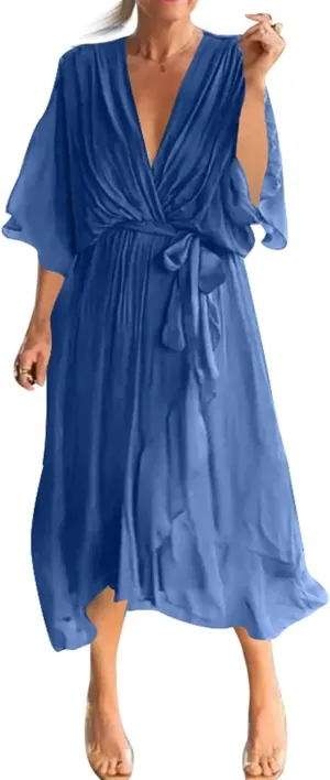 Women's Plus Size Dress Summer Casual Trendy Dress Solid Sexy V Short Sleeve Maxi Dresses Floral, S-5XL