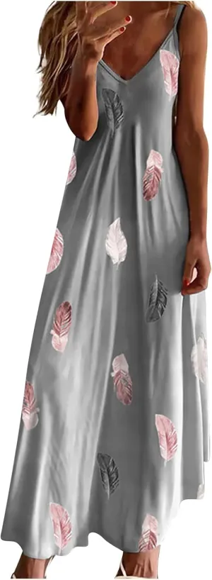 Womens Plus Size Spaghetti Strap Summer Casaul Dress Floral Print Sexy V-Neck Vest Dress Camis Sleeveless Dress