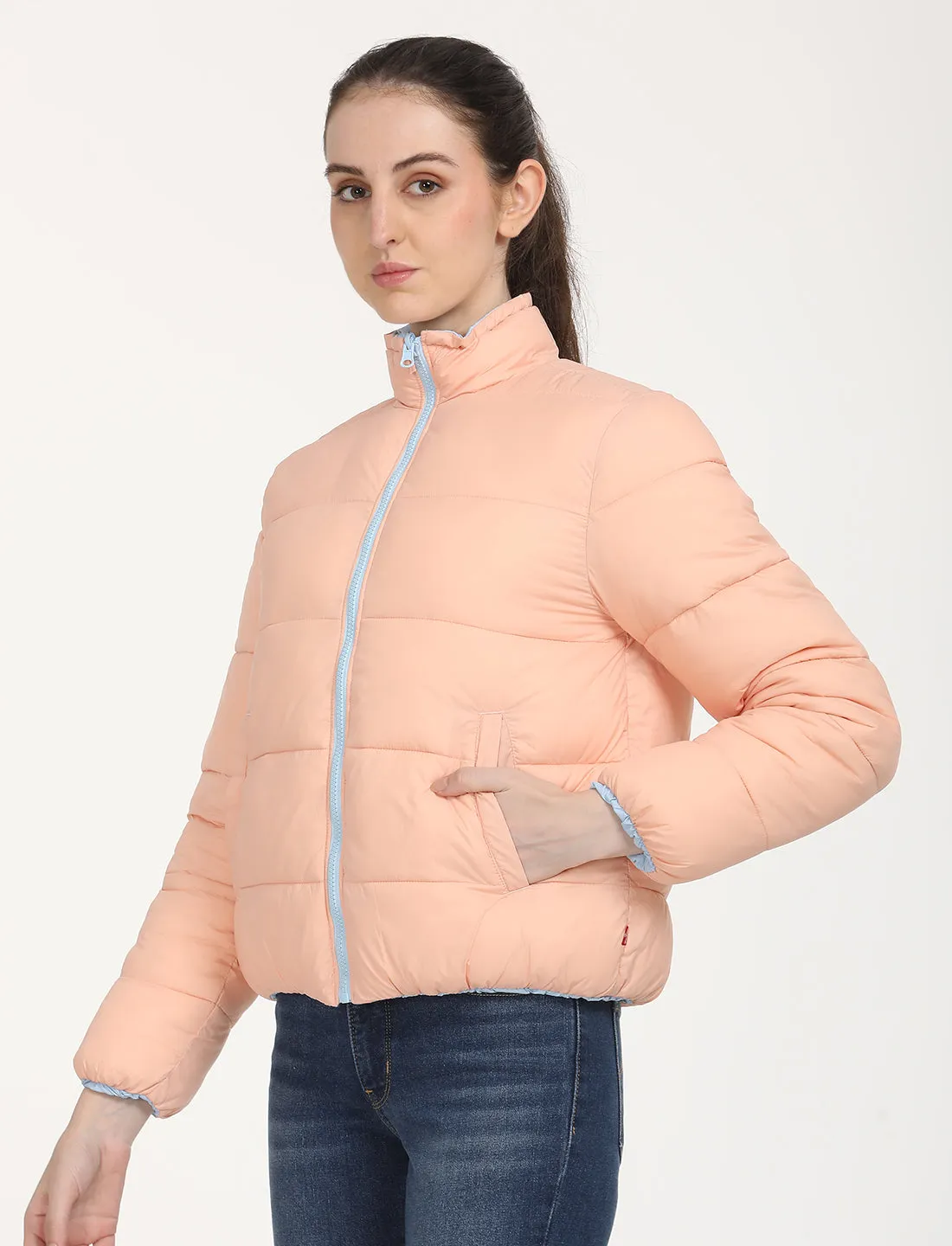 Women's Quilted Peach High Neck Reversible Puffer Jacket
