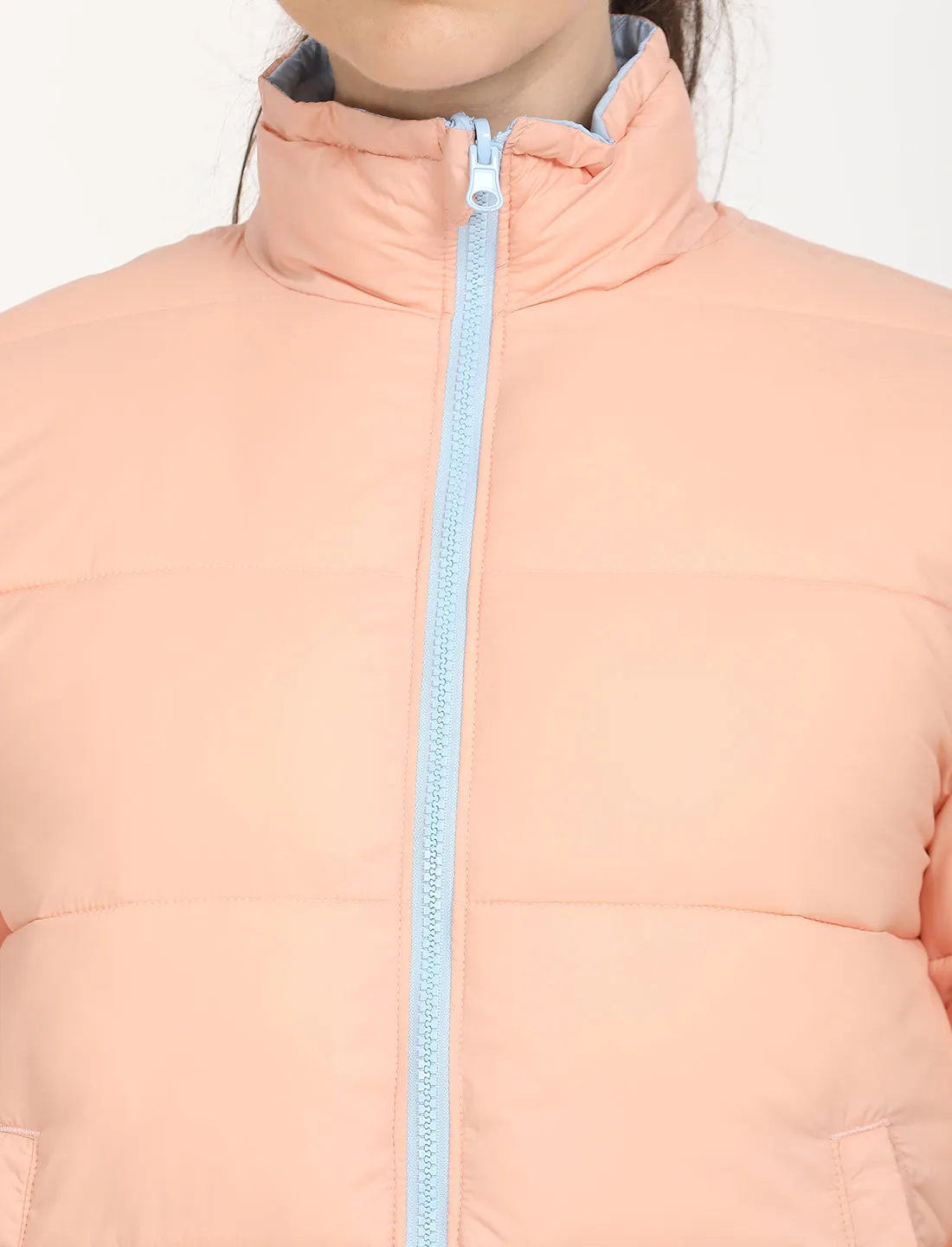 Women's Quilted Peach High Neck Reversible Puffer Jacket