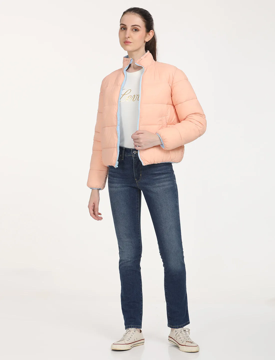 Women's Quilted Peach High Neck Reversible Puffer Jacket