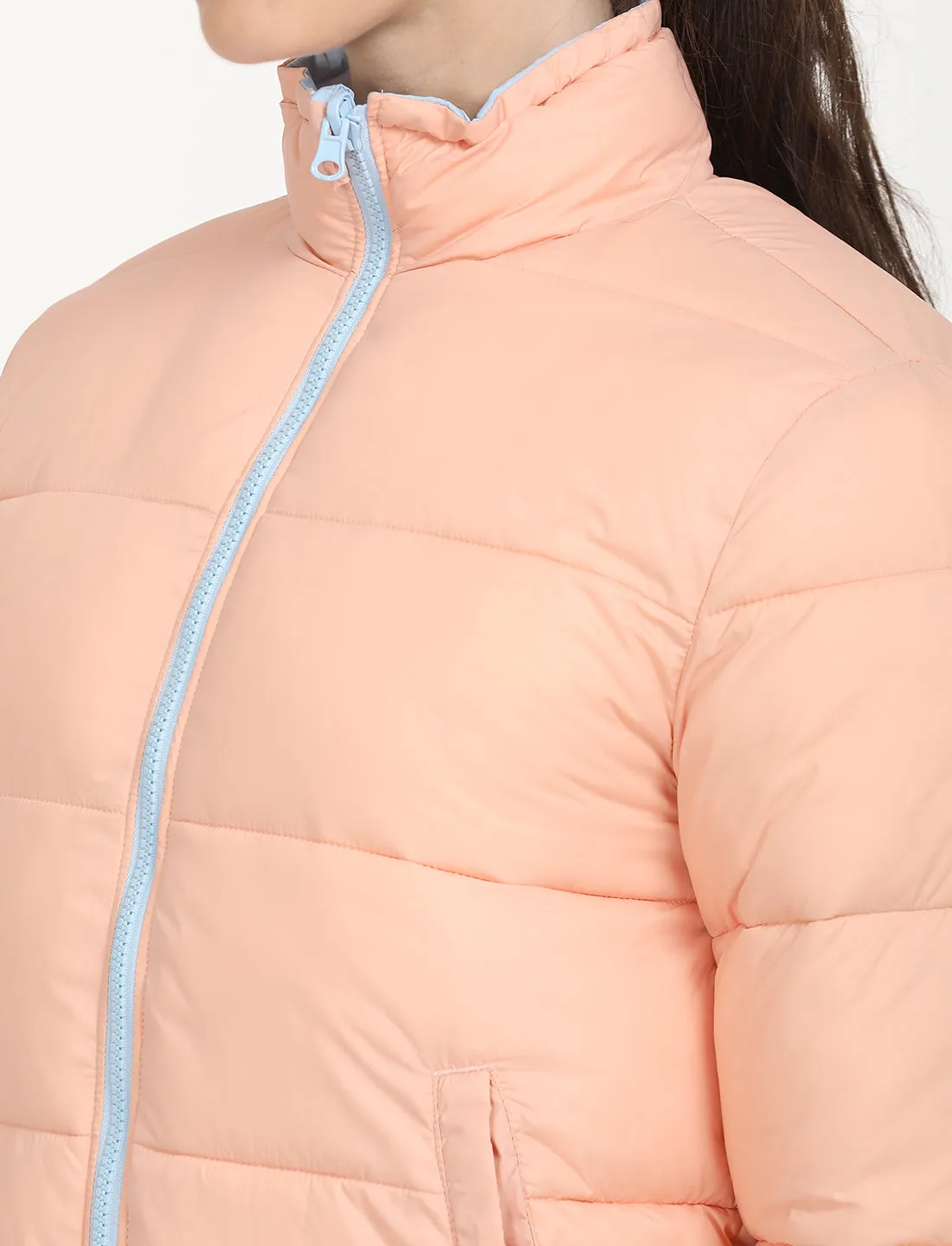 Women's Quilted Peach High Neck Reversible Puffer Jacket