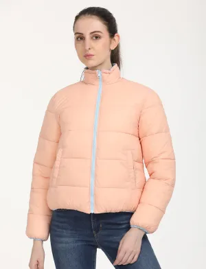 Women's Quilted Peach High Neck Reversible Puffer Jacket