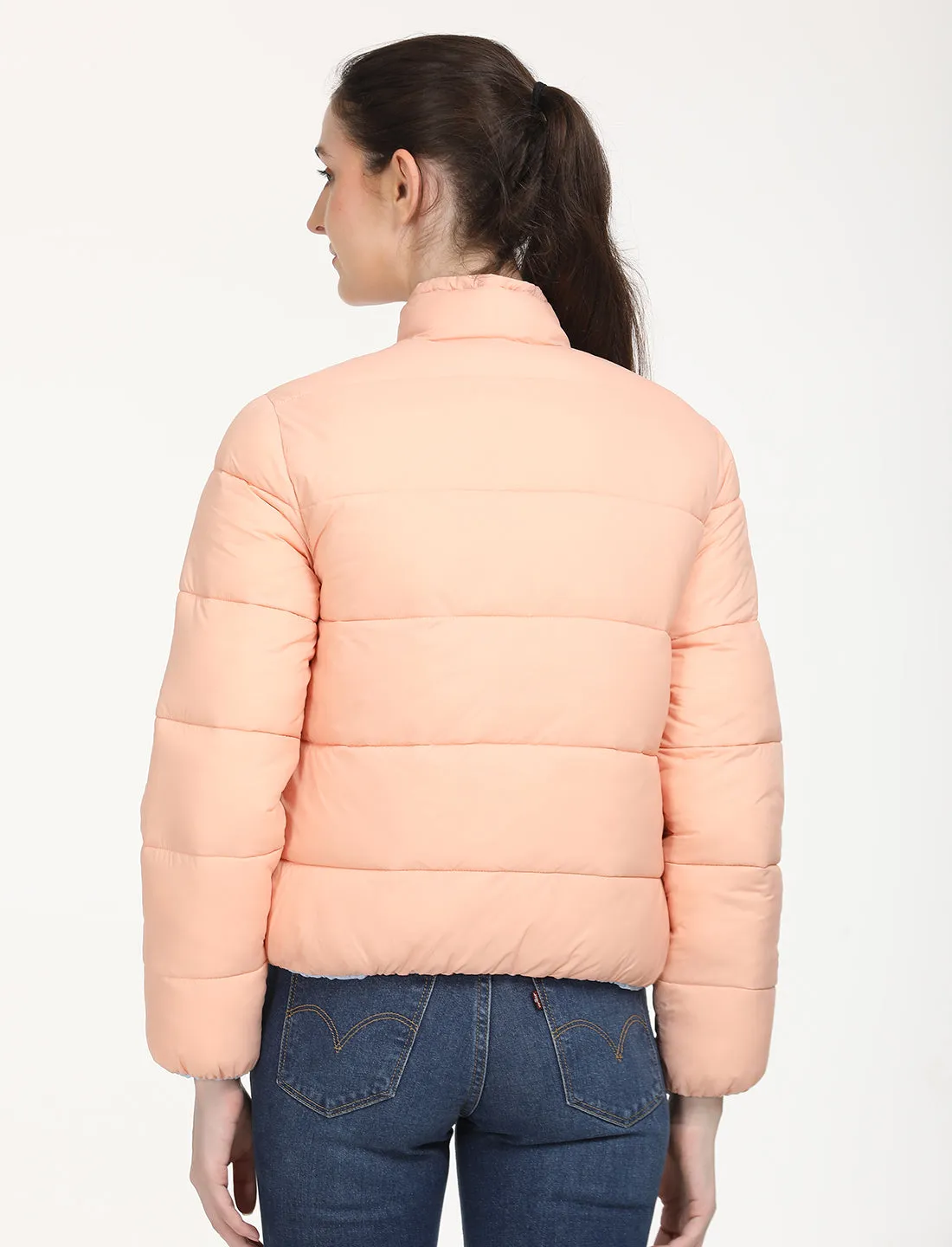 Women's Quilted Peach High Neck Reversible Puffer Jacket
