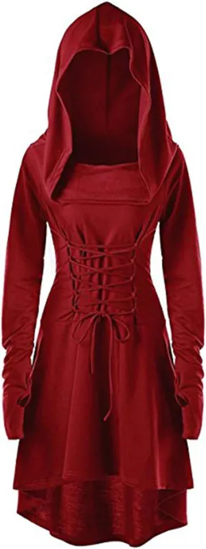 Womens Renaissance Costumes Hooded Robe Lace Up Vintage Pullover High Low Long Hoodie Dress