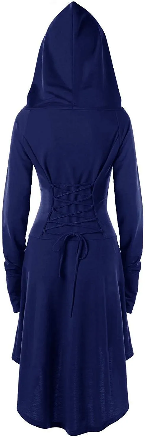 Womens Renaissance Costumes Hooded Robe Lace Up Vintage Pullover High Low Long Hoodie Dress
