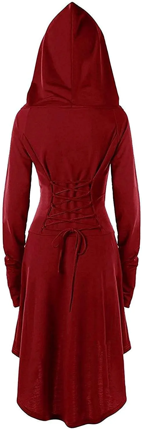 Womens Renaissance Costumes Hooded Robe Lace Up Vintage Pullover High Low Long Hoodie Dress