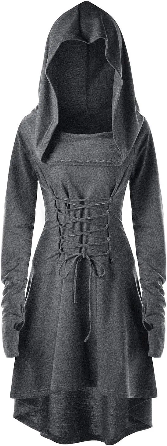 Womens Renaissance Costumes Hooded Robe Lace Up Vintage Pullover High Low Long Hoodie Dress