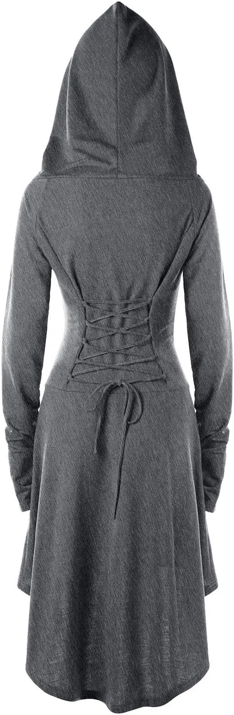 Womens Renaissance Costumes Hooded Robe Lace Up Vintage Pullover High Low Long Hoodie Dress