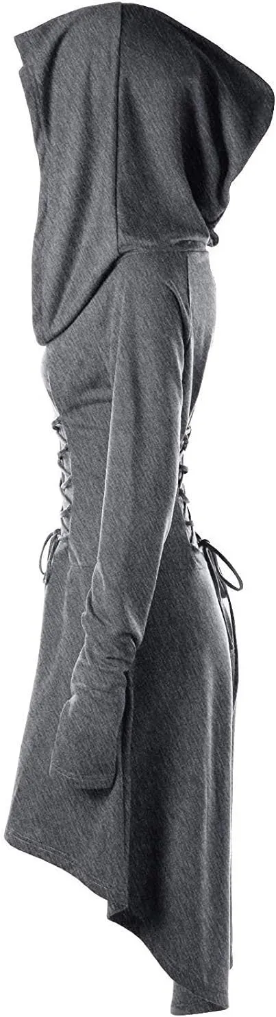 Womens Renaissance Costumes Hooded Robe Lace Up Vintage Pullover High Low Long Hoodie Dress