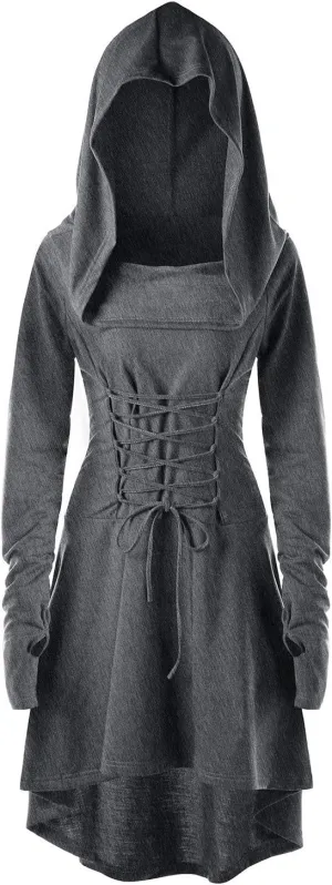 Womens Renaissance Costumes Hooded Robe Lace Up Vintage Pullover High Low Long Hoodie Dress