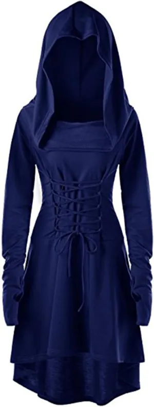 Womens Renaissance Costumes Hooded Robe Lace Up Vintage Pullover High Low Long Hoodie Dress