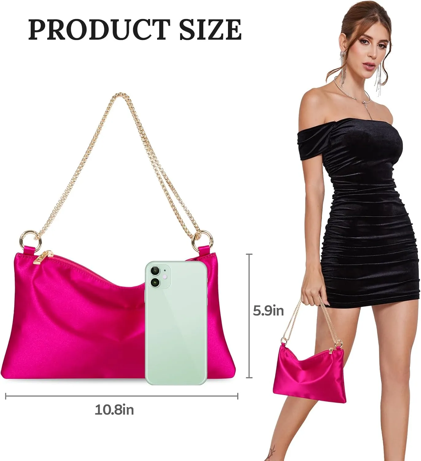 Womens Satin Evening Bag Clutch Purse Handbag for Women Wedding Shoulder Bag with 2 Chains for Formal Cocktail Party