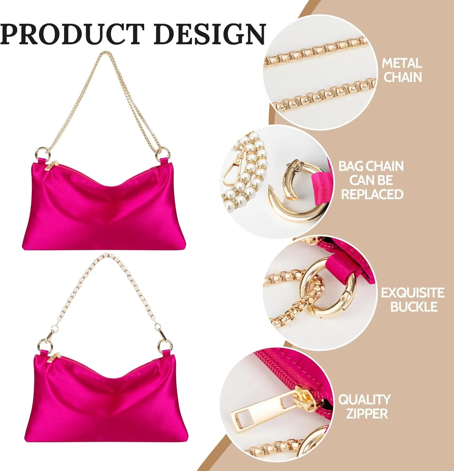 Womens Satin Evening Bag Clutch Purse Handbag for Women Wedding Shoulder Bag with 2 Chains for Formal Cocktail Party