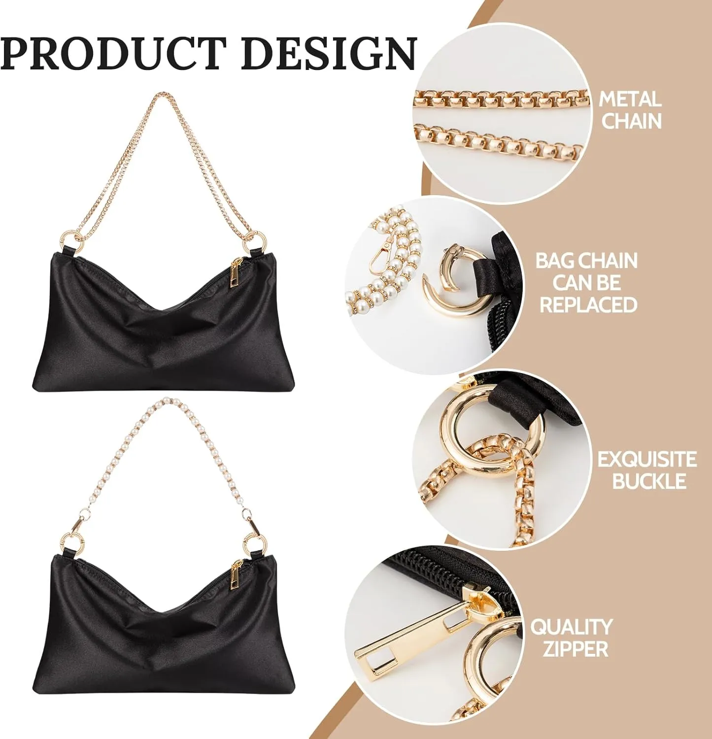 Womens Satin Evening Bag Clutch Purse Handbag for Women Wedding Shoulder Bag with 2 Chains for Formal Cocktail Party