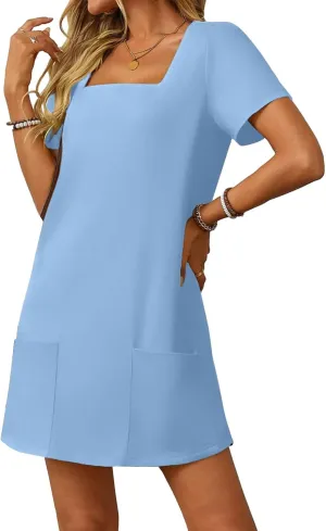 Womens Short Sleeve Mini Dresses Casual Summer Square Neck Tshirt Dress Loose Fit Solid A-Line Dress with Pockets