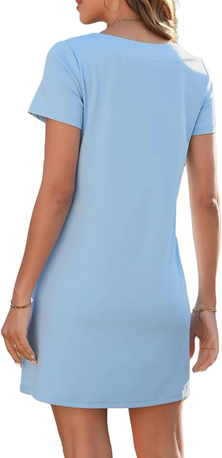 Womens Short Sleeve Mini Dresses Casual Summer Square Neck Tshirt Dress Loose Fit Solid A-Line Dress with Pockets