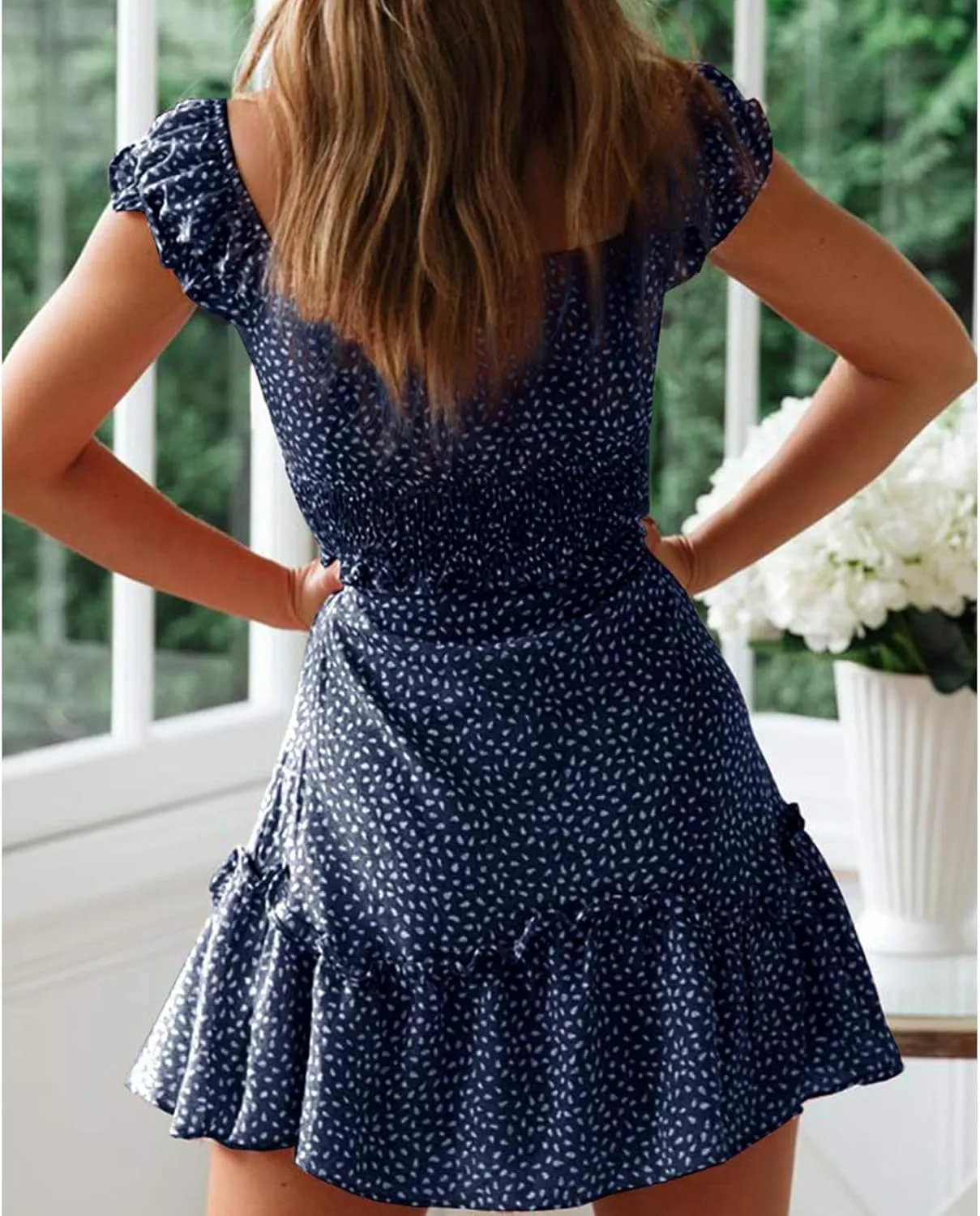 Womens Smocked Dress Summer Boho Floral Square Neck Short Sleeve Ruffle Mini Dress Casual Beach Vacation Dresses