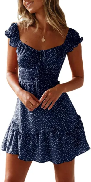 Womens Smocked Dress Summer Boho Floral Square Neck Short Sleeve Ruffle Mini Dress Casual Beach Vacation Dresses