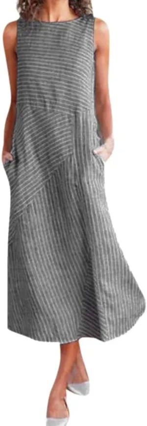 Women's Spring Dresses Casual Striped Sleeveless Round Neck Linen with Pockets Long Maxi Dress Petite, S-2XL