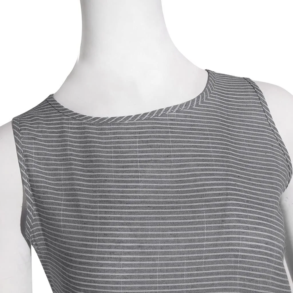 Women's Spring Dresses Casual Striped Sleeveless Round Neck Linen with Pockets Long Maxi Dress Petite, S-2XL