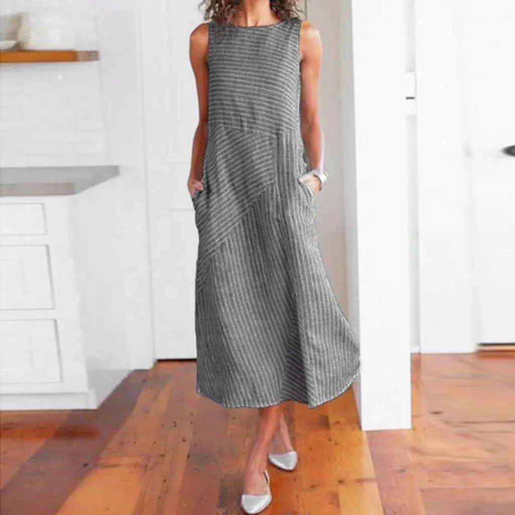 Women's Spring Dresses Casual Striped Sleeveless Round Neck Linen with Pockets Long Maxi Dress Petite, S-2XL