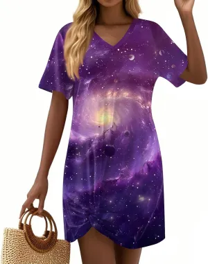 Women's Spring Dresses Short Sleeve V-Neck Star Print Loose Fashion Novelty Swing Mini Dress, S-3XL