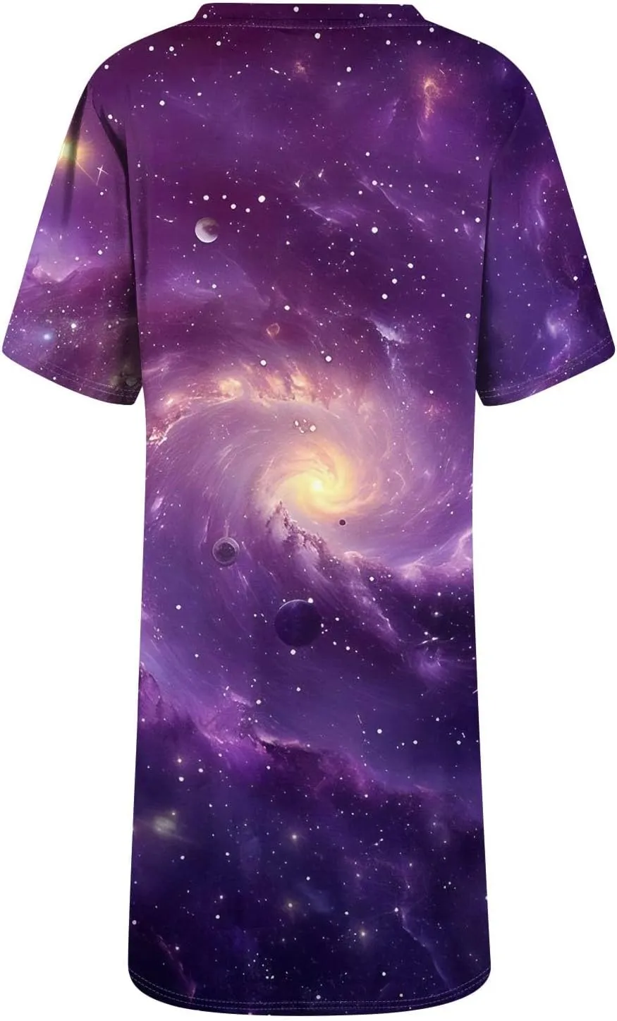 Women's Spring Dresses Short Sleeve V-Neck Star Print Loose Fashion Novelty Swing Mini Dress, S-3XL