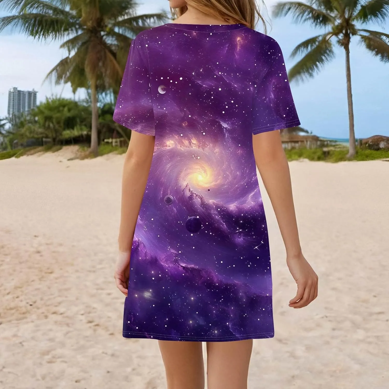 Women's Spring Dresses Short Sleeve V-Neck Star Print Loose Fashion Novelty Swing Mini Dress, S-3XL