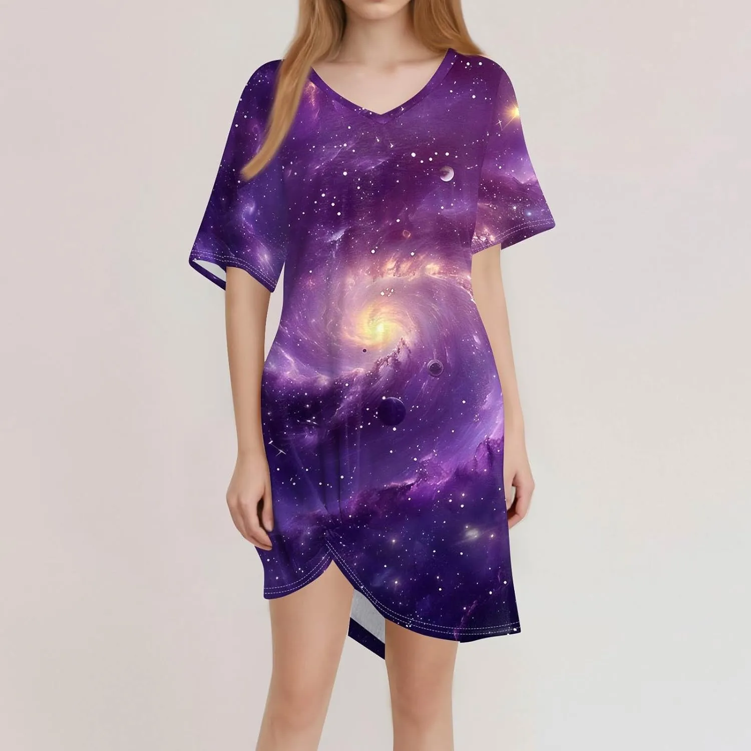Women's Spring Dresses Short Sleeve V-Neck Star Print Loose Fashion Novelty Swing Mini Dress, S-3XL