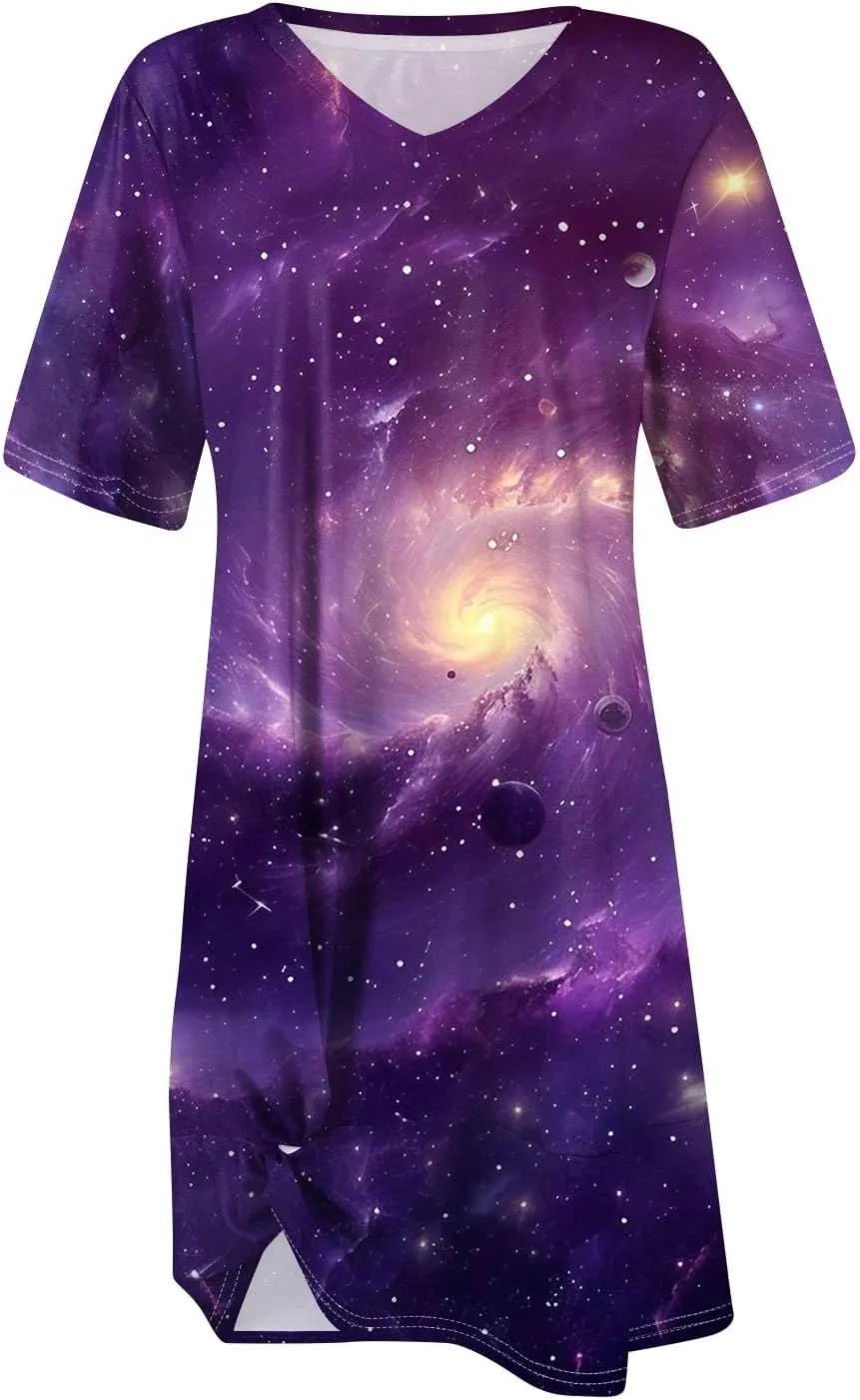 Women's Spring Dresses Short Sleeve V-Neck Star Print Loose Fashion Novelty Swing Mini Dress, S-3XL