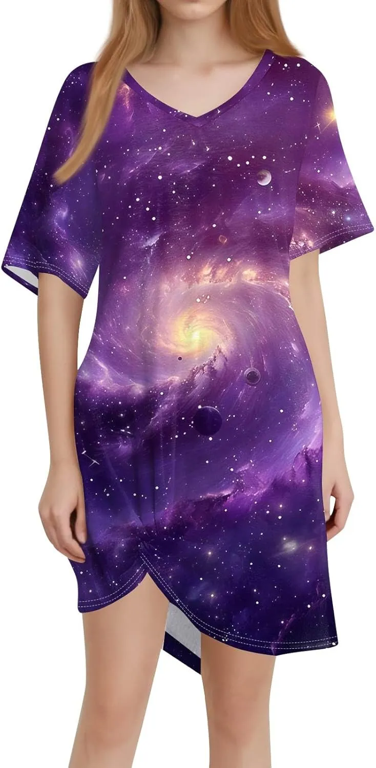 Women's Spring Dresses Short Sleeve V-Neck Star Print Loose Fashion Novelty Swing Mini Dress, S-3XL
