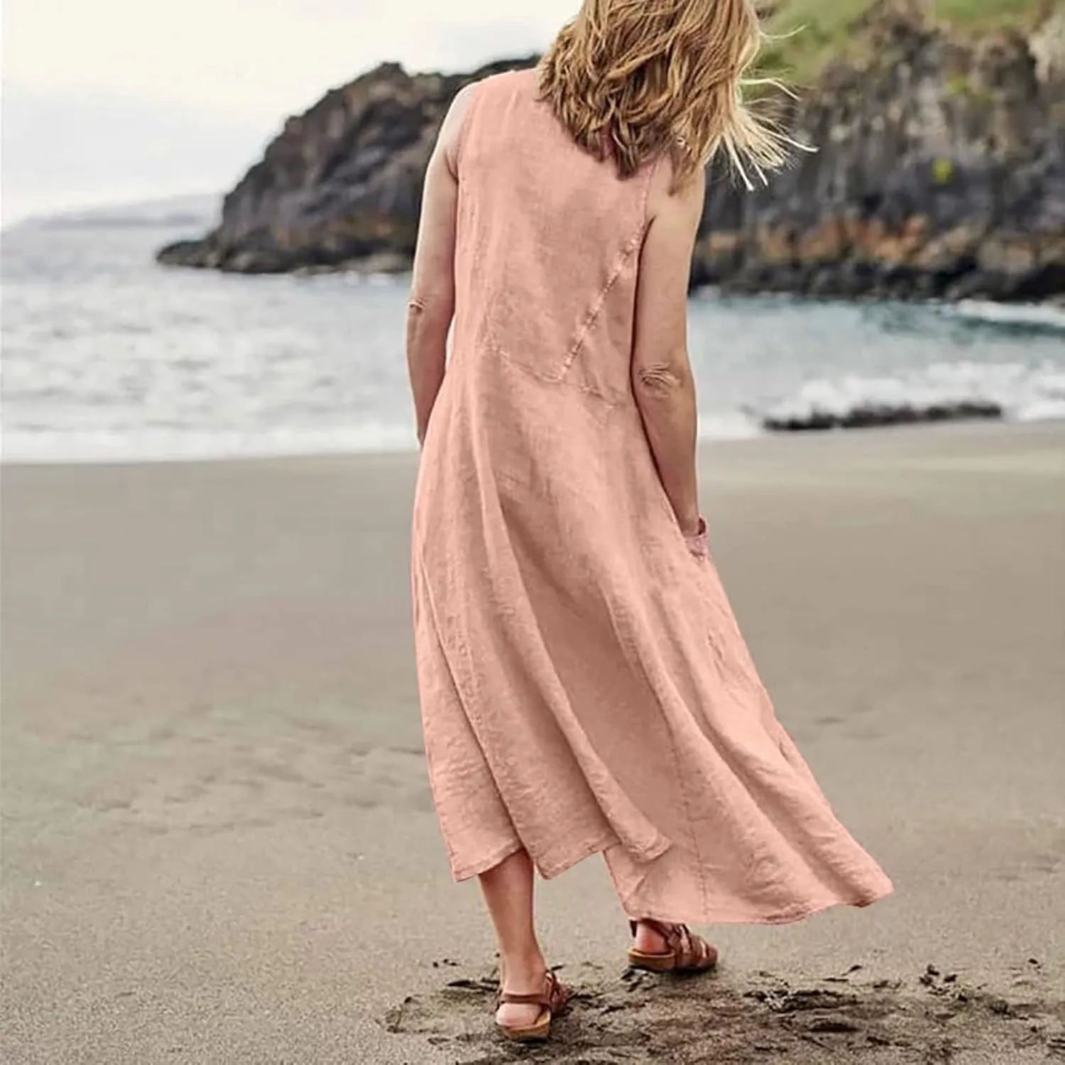 Women's Spring Sleeveless Dresses 2024 Casual Maxi Solid Color Summer Dresses, S-3XL
