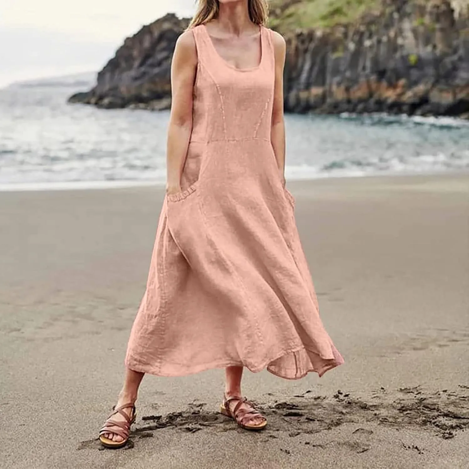 Women's Spring Sleeveless Dresses 2024 Casual Maxi Solid Color Summer Dresses, S-3XL