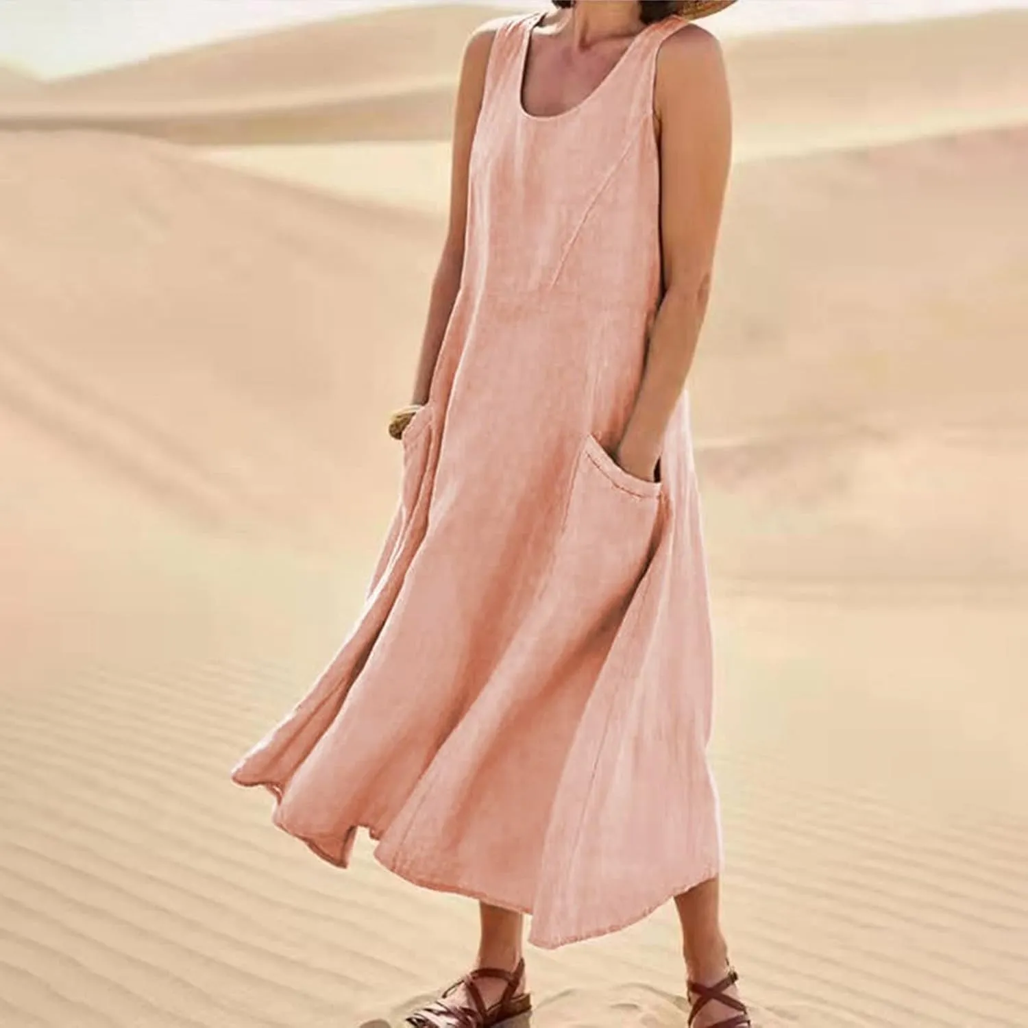 Women's Spring Sleeveless Dresses 2024 Casual Maxi Solid Color Summer Dresses, S-3XL